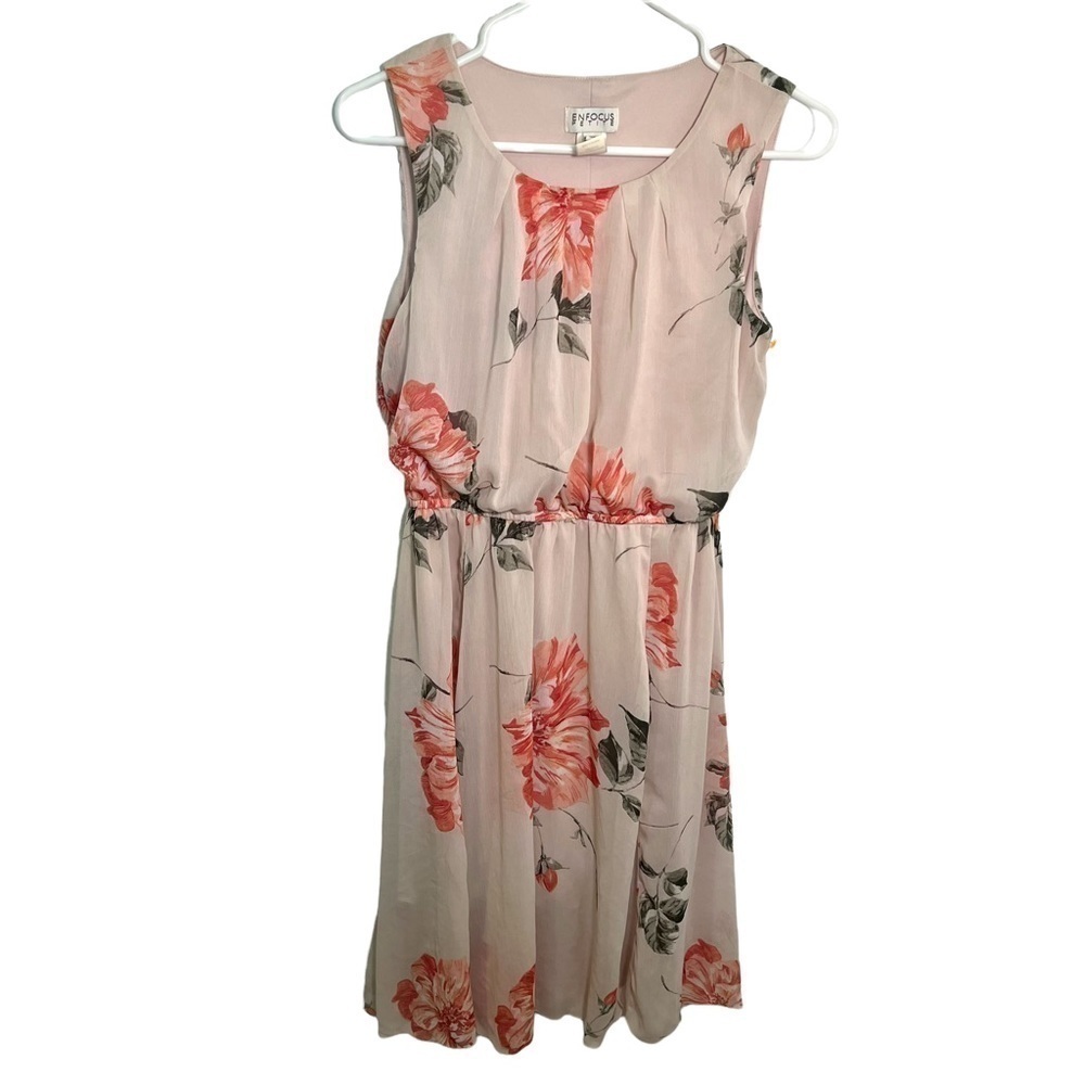 Enfocus Women's Sz 8 Petite Sleeveless Fit & Flare Dress Beige Pink Green Floral